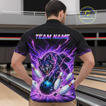 Custom Purple Flame Wolf Bowling Team Shirts Bowling Jersey for Men Bowling League Shirts HNT629