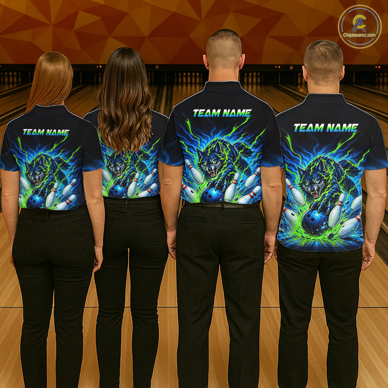 Custom Green Flame Wolf Bowling Team Shirts Bowling Jersey for Women Bowling League Shirts HNT629