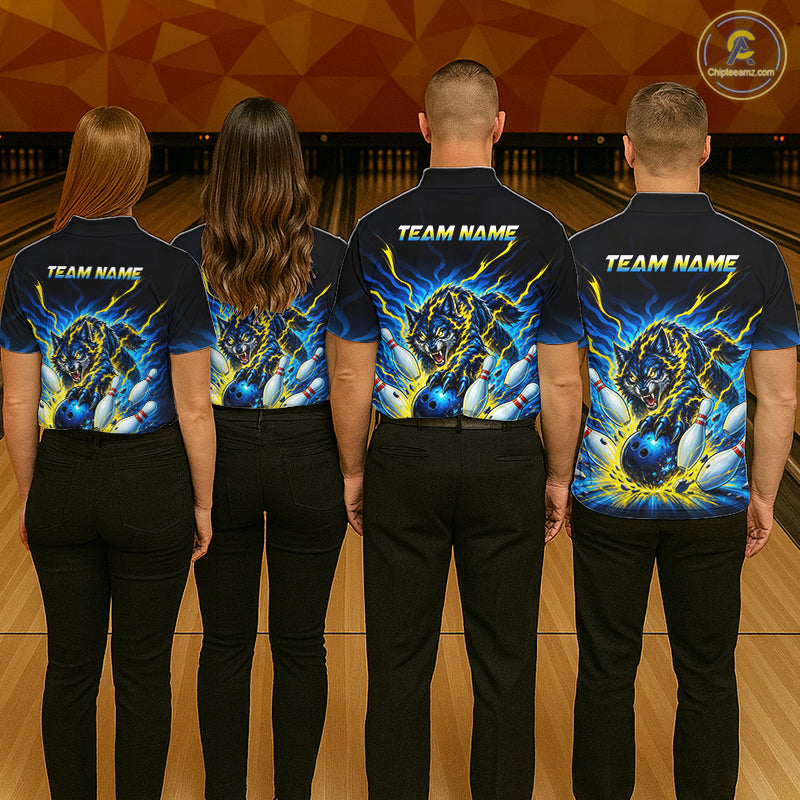 Custom Yellow Flame Wolf Bowling Team Shirts Bowling Jersey for Women Bowling League Shirts HNT629