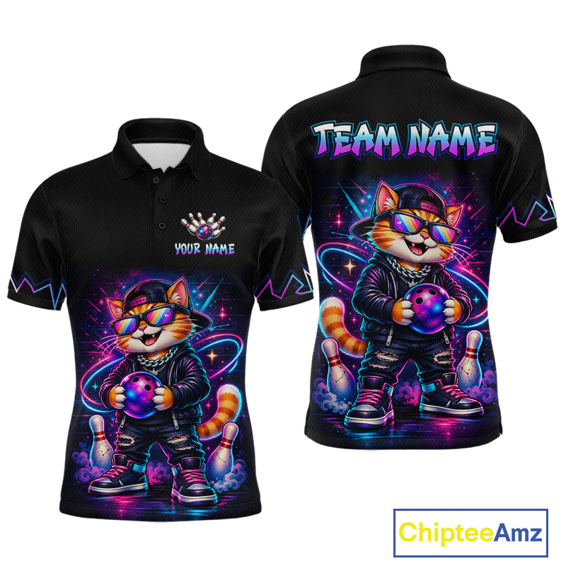 Custom Neon Galaxy Funny Cat Bowling Team Shirts Bowling Jersey for Men Bowling League HNT628