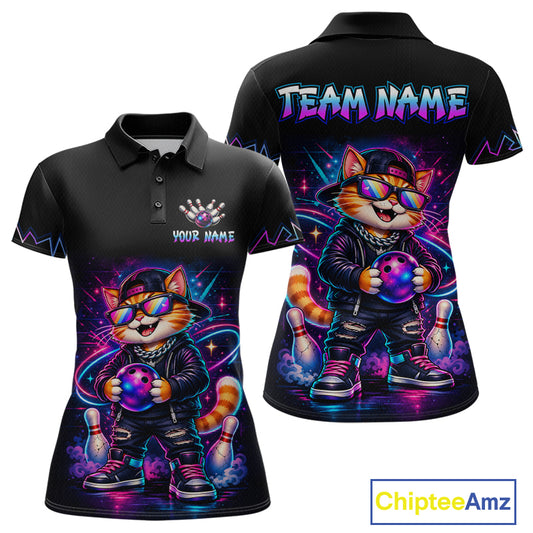 Custom Neon Galaxy Funny Cat Bowling Team Shirts Bowling Jersey for Women Bowling League HNT628