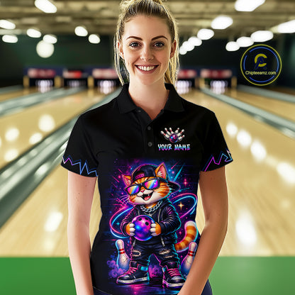 Custom Neon Galaxy Funny Cat Bowling Team Shirts Bowling Jersey for Women Bowling League HNT628