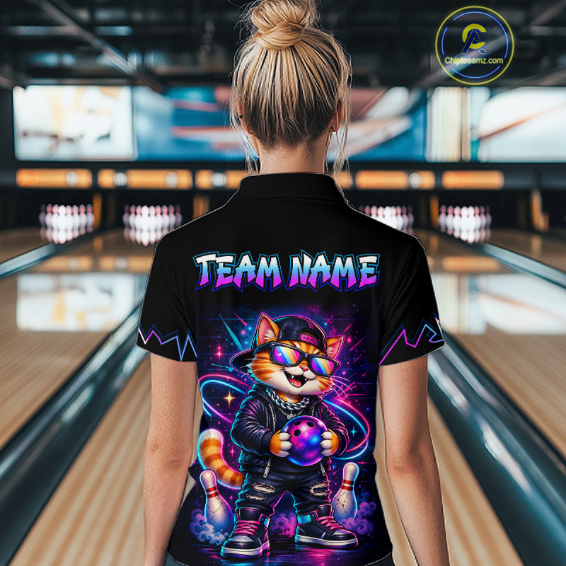 Custom Neon Galaxy Funny Cat Bowling Team Shirts Bowling Jersey for Women Bowling League HNT628