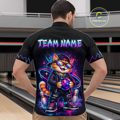Custom Neon Galaxy Funny Cat Bowling Team Shirts Bowling Jersey for Men Bowling League HNT628