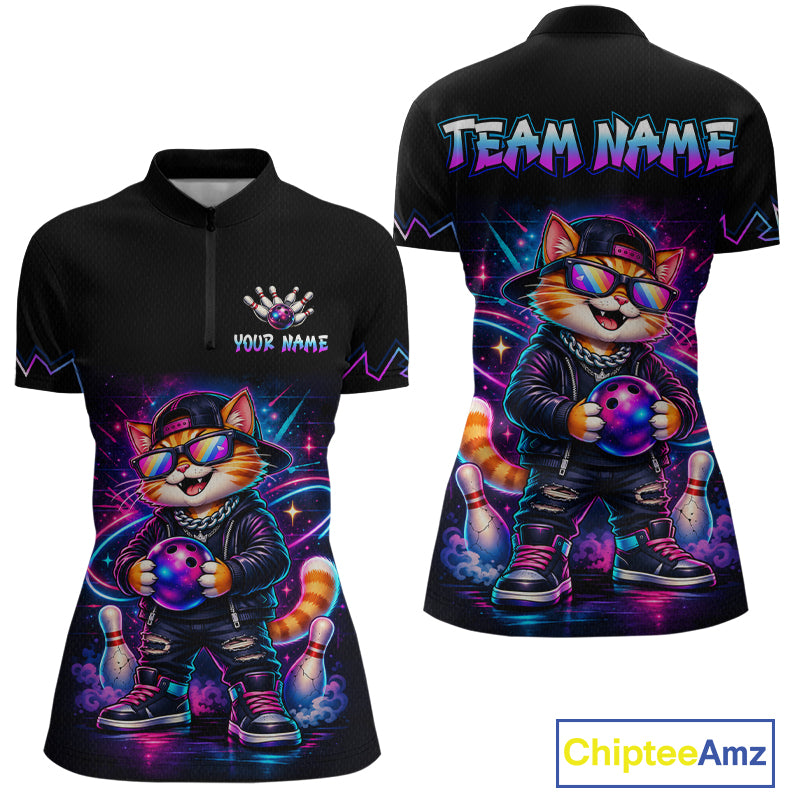 Custom Neon Galaxy Funny Cat Bowling Team Shirts Bowling Jersey for Women Bowling League HNT628