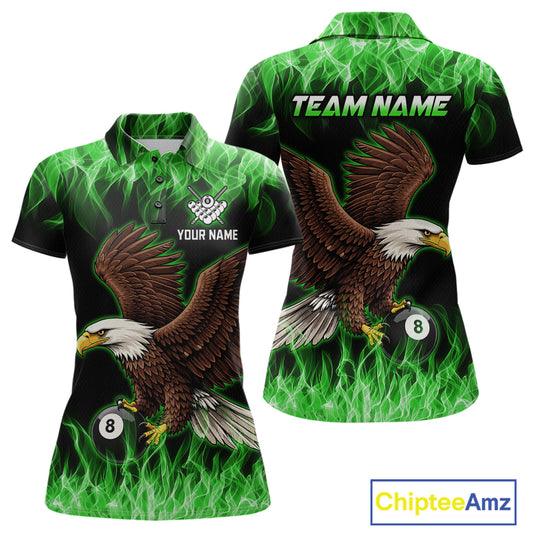 Custom Green Flame Eagle 8 Ball Billiard Shirts for Women Billiard League Billiard Team Shirts NNT107