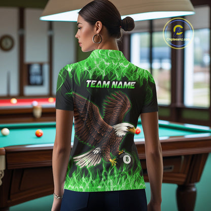 Custom Green Flame Eagle 8 Ball Billiard Shirts for Women Billiard League Billiard Team Shirts NNT107