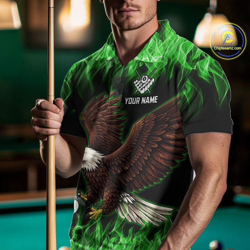 Custom Green Flame Eagle 8 Ball Billiard Shirts for Men Billiard League Billiard Team Shirts NNT107