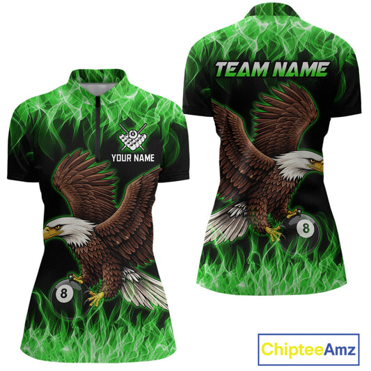 Custom Green Flame Eagle 8 Ball Billiard Shirts for Women Billiard League Billiard Team Shirts NNT107