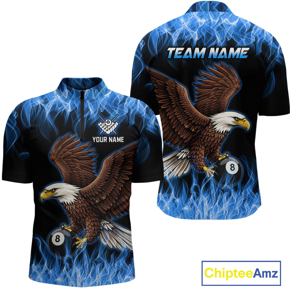Custom Blue Flame Eagle 8 Ball Billiard Shirts for Men Billiard League Billiard Team Shirts NNT107
