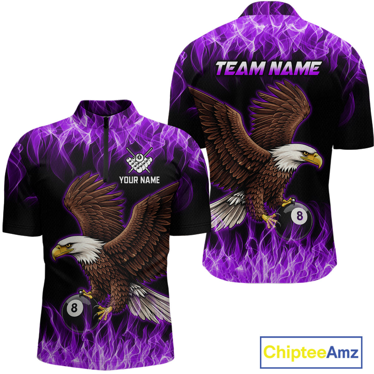 Custom Purple Flame Eagle 8 Ball Billiard Shirts for Men Billiard League Billiard Team Shirts NNT107