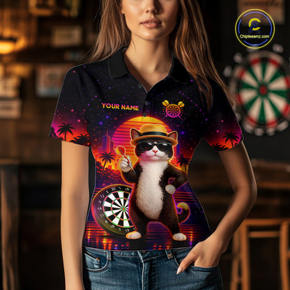 Custom Funny Cat Dart Shirts For Women Retro Dart Board Shirts Polo & 1/4 Zip Dart Jersey Team NNT123