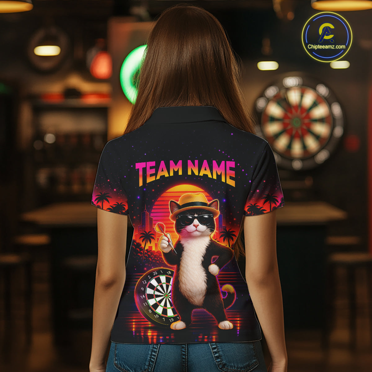 Custom Funny Cat Dart Shirts For Women Retro Dart Board Shirts Polo & 1/4 Zip Dart Jersey Team NNT123