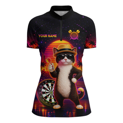 Custom Funny Cat Dart Shirts For Women Retro Dart Board Shirts Polo & 1/4 Zip Dart Jersey Team NNT123