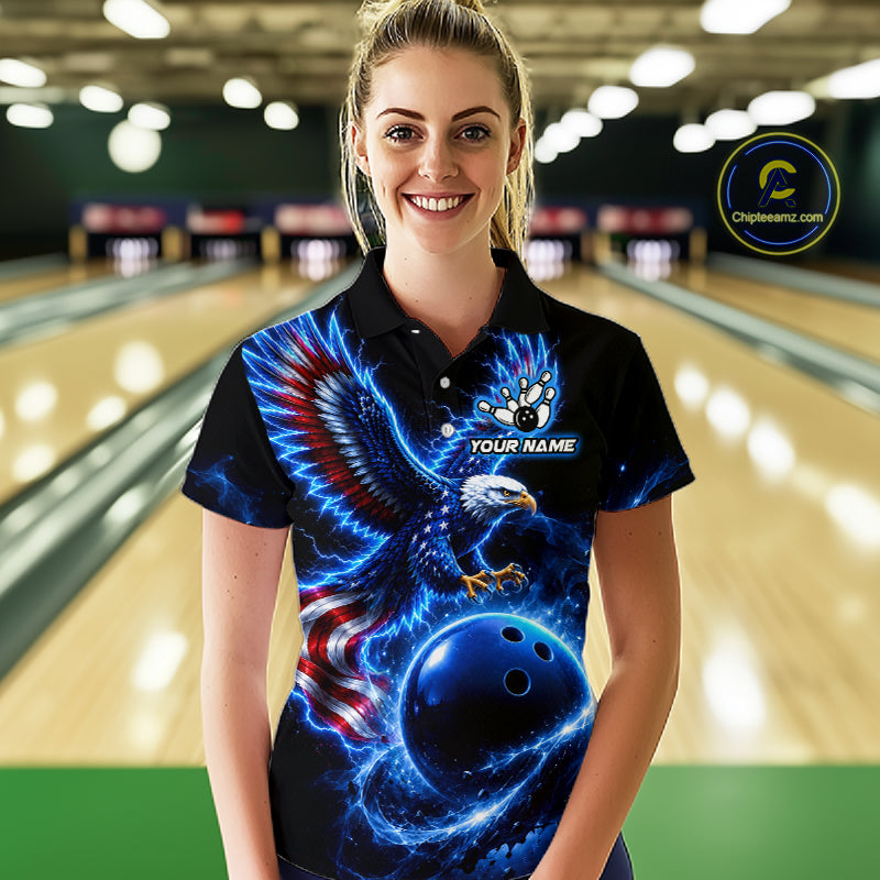 Custom Thunder Eagle US Flag Bowling Team Shirts Bowling Jerseys for Women Polo & 1/4 Zip HNT558