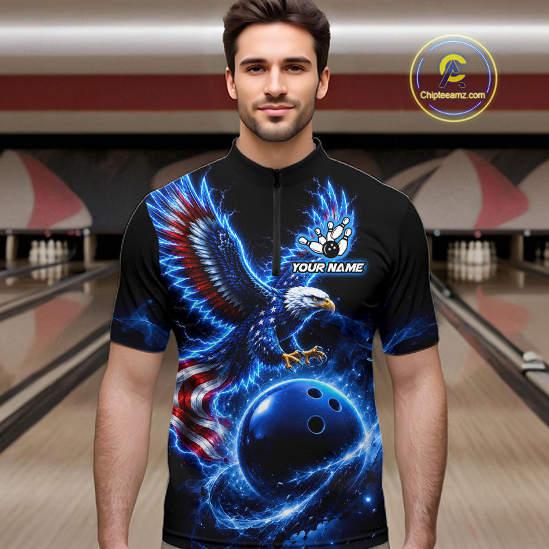 Custom Thunder Eagle US Flag Bowling Team Shirts Bowling Jerseys for Men Polo & 1/4 Zip HNT558