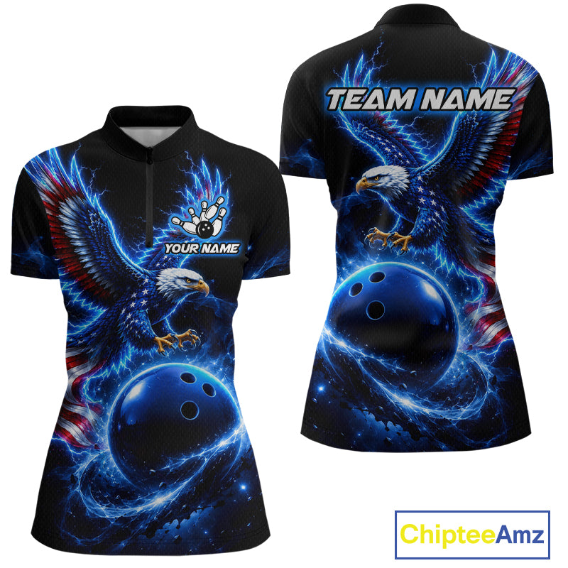 Custom Thunder Eagle US Flag Bowling Team Shirts Bowling Jerseys for Women Polo & 1/4 Zip HNT558