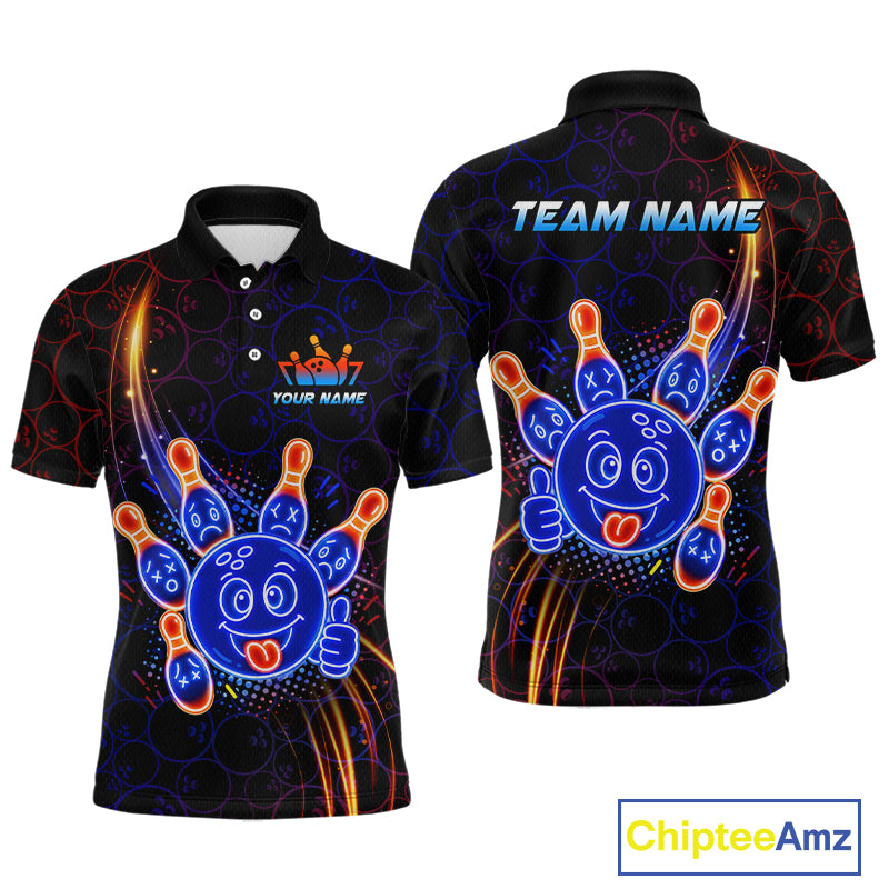 Front and back views of a black bowling polo shirt with neon blue and orange cartoon bowling ball and pin graphics, plus custom “TEAM NAME” and “YOUR NAME” text.