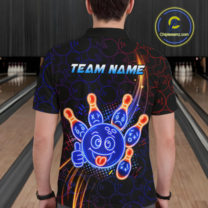 Man standing in a bowling alley wearing a black neon-style bowling polo shirt with a glowing blue cartoon bowling ball mascot, fiery orange pin graphics, and custom name text.