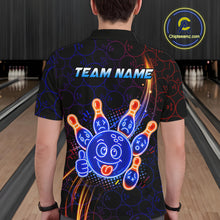 Load image into Gallery viewer, Man standing in a bowling alley wearing a black neon-style bowling polo shirt with a glowing blue cartoon bowling ball mascot, fiery orange pin graphics, and custom name text.