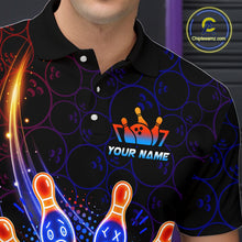 Load image into Gallery viewer, Black polo shirt with colorful bowling design and 'Your Name' text on a dark background