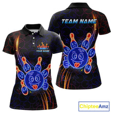 Load image into Gallery viewer, Front and back views of a black bowling polo shirt with neon blue and orange cartoon bowling ball and pin graphics, plus custom “TEAM NAME” and “YOUR NAME” text.