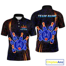 Load image into Gallery viewer, Front and back views of a black bowling polo shirt with neon blue and orange cartoon bowling ball and pin graphics, plus custom “TEAM NAME” and “YOUR NAME” text.