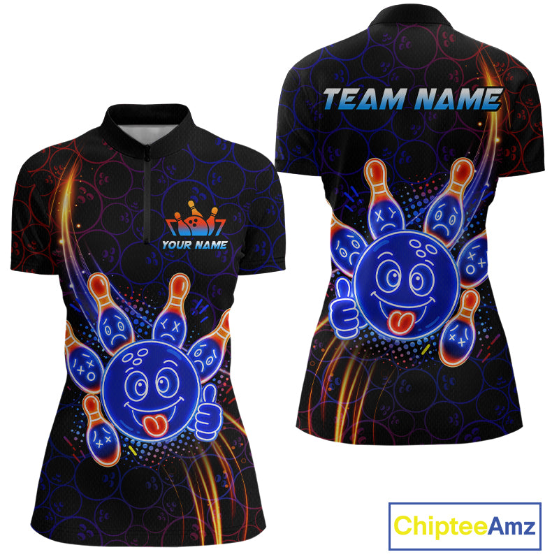 Front and back views of a black bowling quarter zip shirt with neon blue and orange cartoon bowling ball and pin graphics, plus custom “TEAM NAME” and “YOUR NAME” text.