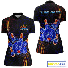 Load image into Gallery viewer, Front and back views of a black bowling quarter zip shirt with neon blue and orange cartoon bowling ball and pin graphics, plus custom “TEAM NAME” and “YOUR NAME” text.