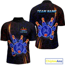 Load image into Gallery viewer, Front and back views of a black bowling quarter zip shirt with neon blue and orange cartoon bowling ball and pin graphics, plus custom “TEAM NAME” and “YOUR NAME” text.