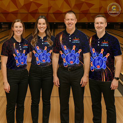 Four people wearing matching bowling-themed shirts in a bowling alley.
