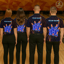 Load image into Gallery viewer, Four people wearing matching bowling-themed shirts with 'Team Name' text on a bowling alley background.