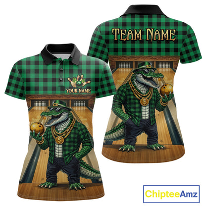 Custom Green Alligator Bowling Jersey for Women Bowling Uniform Polo & 1/4 Zip Bowling Team Shirts HNT230