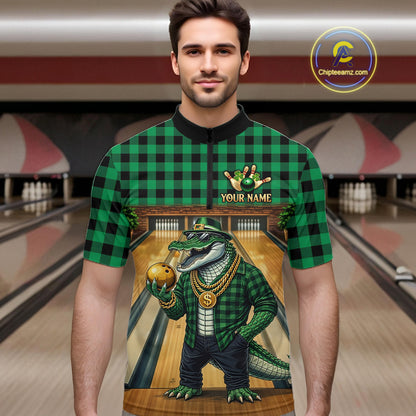 Custom Green Alligator Bowling Jersey for Men Bowling Uniform Polo & 1/4 Zip Bowling Team Shirts HNT230