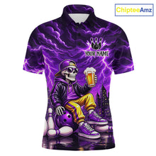 Load image into Gallery viewer, Custom Funny Beer Skull Purple Bowling Shirt for Men Bowling Team Jersey Bowling League HNT296
