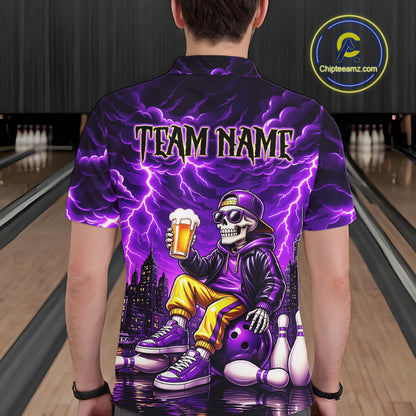 Custom Funny Beer Skull Purple Bowling Shirt for Men Bowling Team Jersey Bowling League HNT296