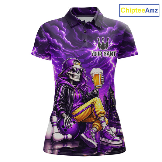 Custom Funny Beer Skull Purple Bowling Shirt for Women Bowling Team Jersey Bowling League HNT296