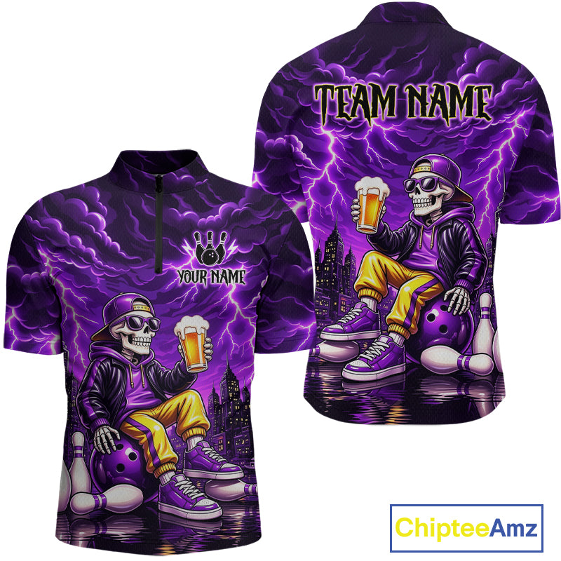 Custom Funny Beer Skull Purple Bowling Shirt for Men Bowling Team Jersey Bowling League HNT296