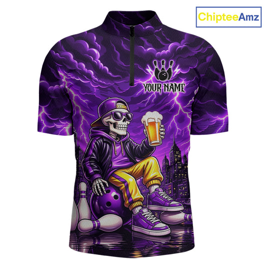 Custom Funny Beer Skull Purple Bowling Shirt for Men Bowling Team Jersey Bowling League HNT296