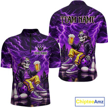 Load image into Gallery viewer, Custom Funny Beer Skull Purple Bowling Shirt for Men Bowling Team Jersey Bowling League HNT296