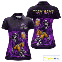 Load image into Gallery viewer, Custom Purple Funny Beer Skull Bowling Shirt for Women Bowling Team Jersey Bowling League HNT297