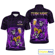 Load image into Gallery viewer, Custom Purple Funny Beer Skull Bowling Shirt for Men Bowling Team Jersey Bowling League HNT297