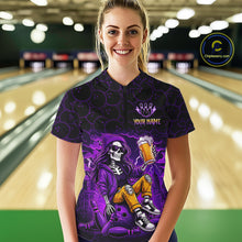 Load image into Gallery viewer, Custom Purple Funny Beer Skull Bowling Shirt for Women Bowling Team Jersey Bowling League HNT297