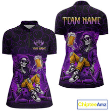 Load image into Gallery viewer, Custom Purple Funny Beer Skull Bowling Shirt for Women Bowling Team Jersey Bowling League HNT297
