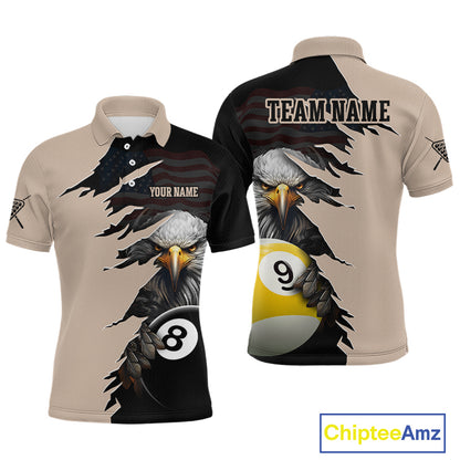 Front and back views of a beige and black billiards polo shirt featuring a fierce bald eagle emerging through a torn-rip graphic, with custom “TEAM NAME” and “YOUR NAME” text areas and 8-ball and 9-ball designs.