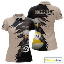 Load image into Gallery viewer, Front and back views of a beige and black billiards polo shirt featuring a fierce bald eagle emerging through a torn-rip graphic, with custom “TEAM NAME” and “YOUR NAME” text areas and 8-ball and 9-ball designs.