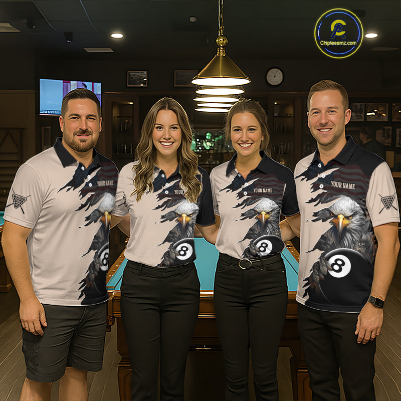 Four people wearing matching polo shirts with a pool table and sports ball logo in the background.