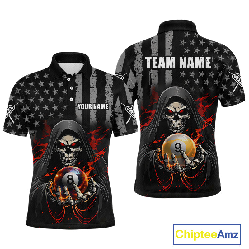 Front and back views of a black billiards polo with a distressed American flag pattern, grim reaper artwork, and large 8-ball and 9-ball graphics.