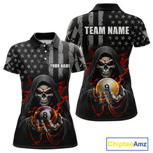 Load image into Gallery viewer, Front and back views of a black billiards polo with a distressed American flag pattern, grim reaper artwork, and large 8-ball and 9-ball graphics.