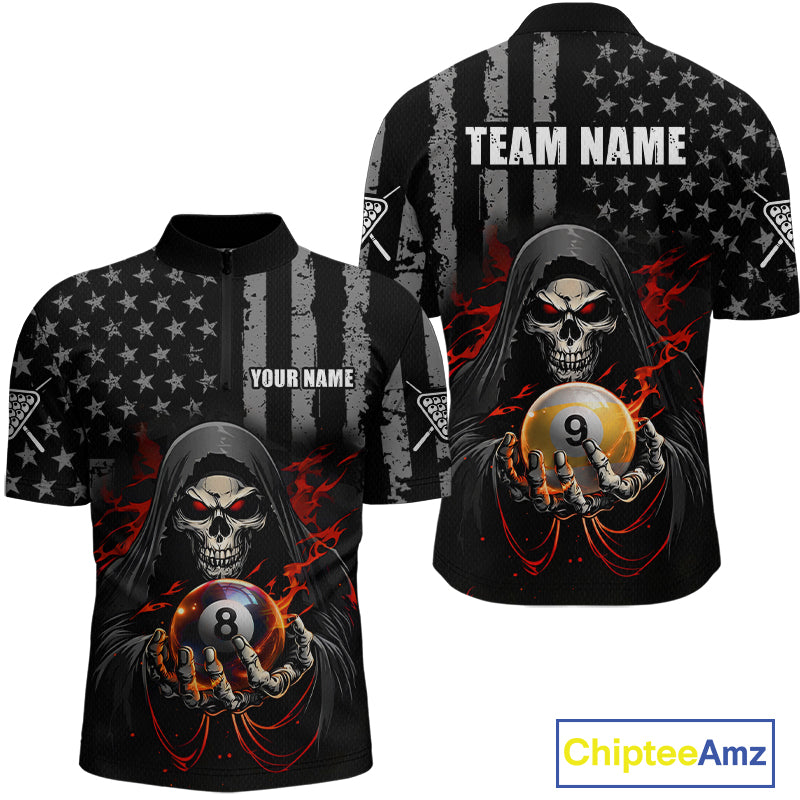 Front and back views of a black billiards quarter zip with a distressed American flag pattern, grim reaper artwork, and large 8-ball and 9-ball graphics.